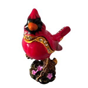 Jeweled Red Cardinal Trinket Box With Rhinestones & Floral Base
